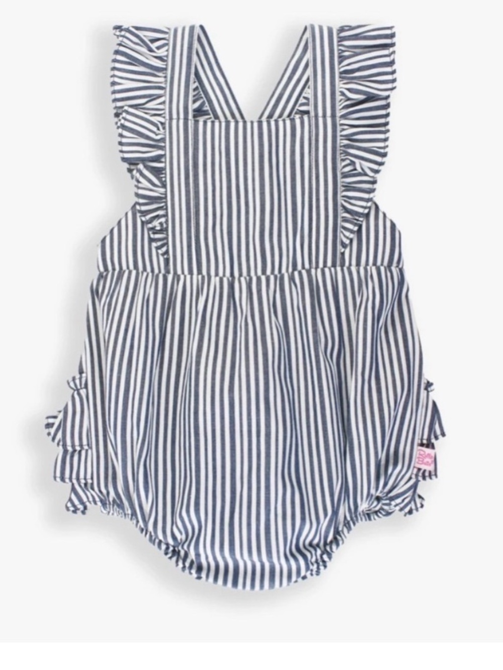 Ruffle Butts Navy and White Striped Ruffle Strap Romper, size 6-12 Months.